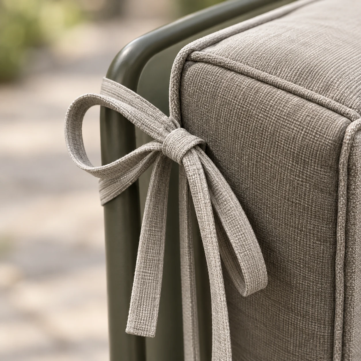 Fabric ties knotted in a bow to hold an outdoor cushion to its frame