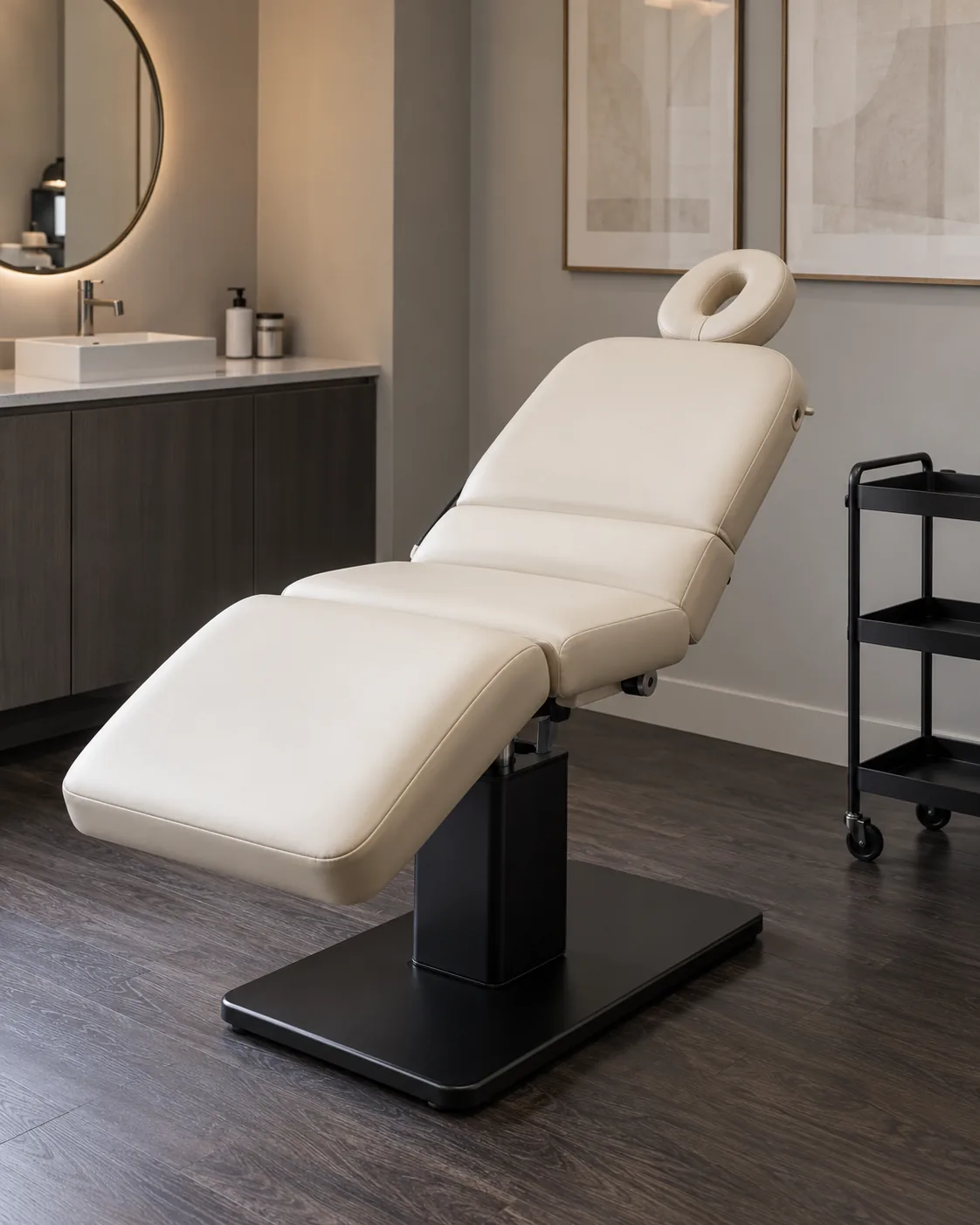 A cream facial bed with a face cradle in a treatment room