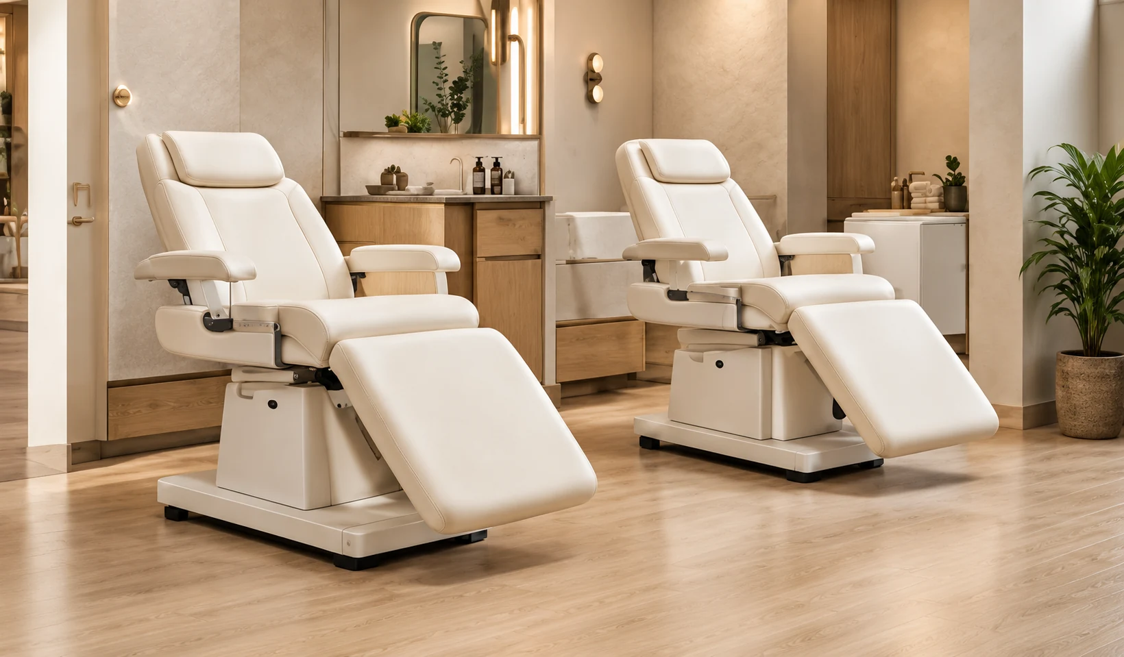Two white facial treatment beds in a bright esthetics room with wood flooring