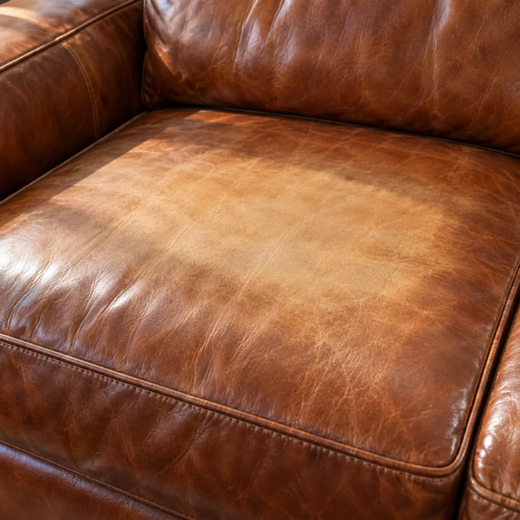 Leather sofa seat cushion faded pale in the middle