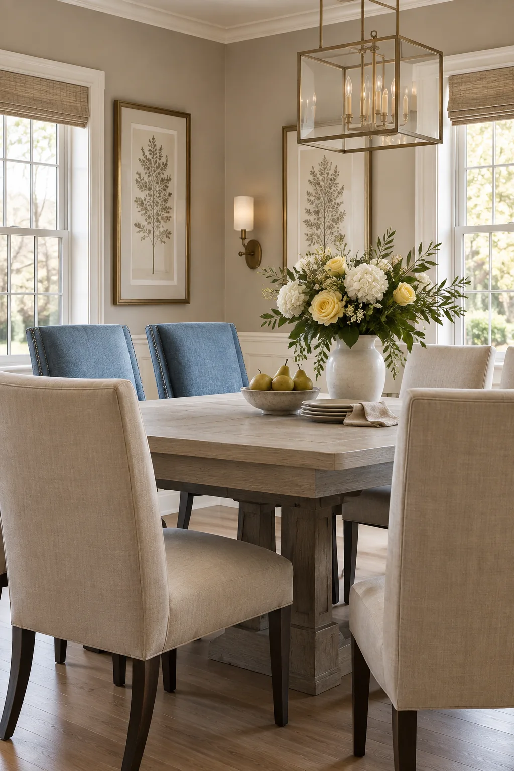 Family dining room with recovered dining chairs