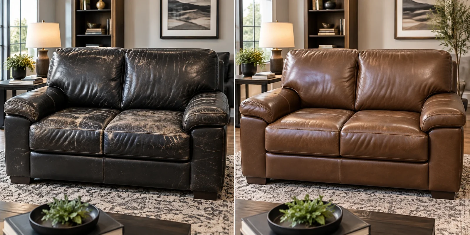 Black leather loveseat before and after recoloring to a warm brown