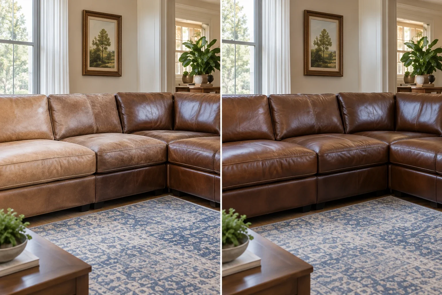 Brown leather sectional before and after color restoration of the sun-faded end