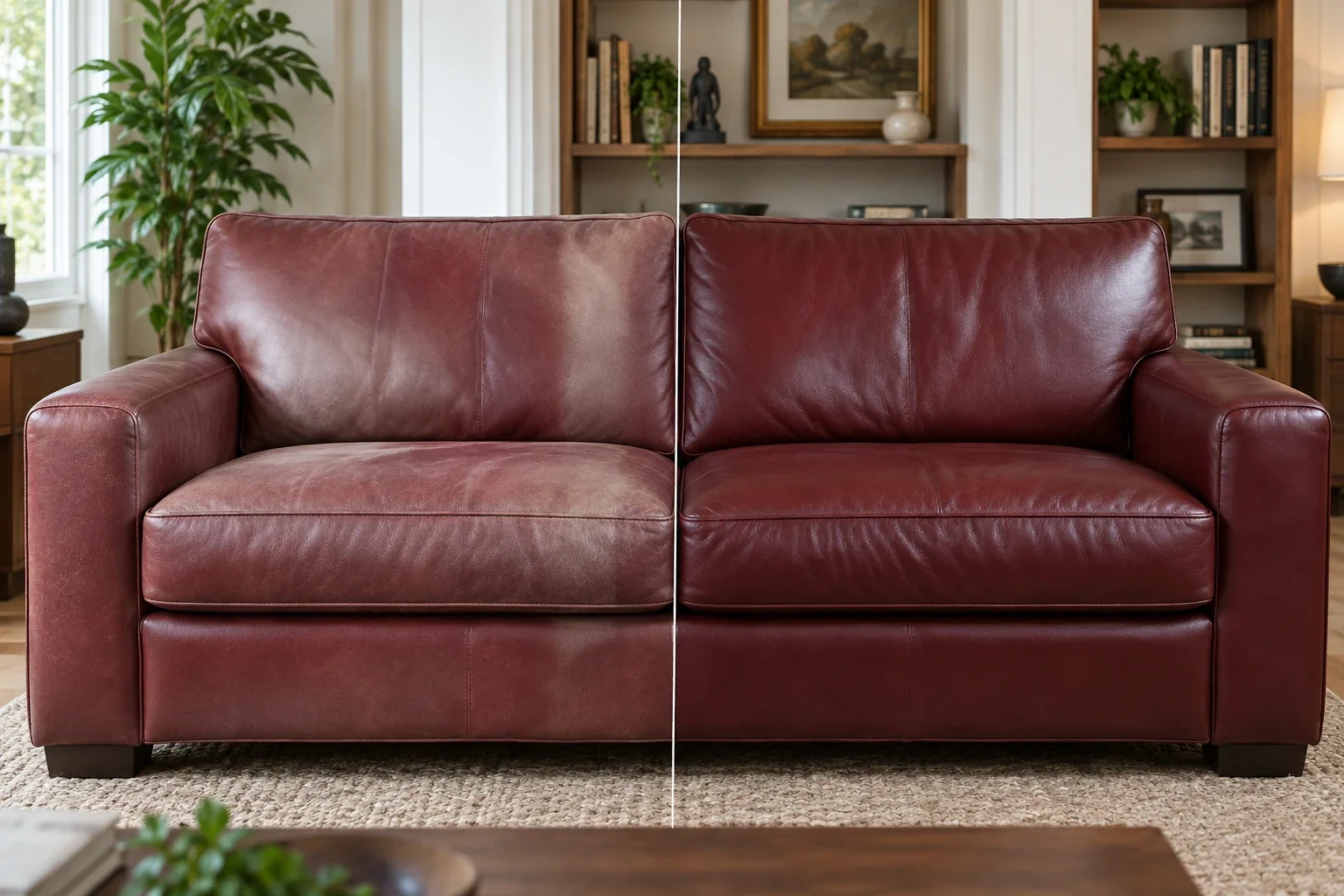 Burgundy leather sofa before and after color restoration of a faded back panel
