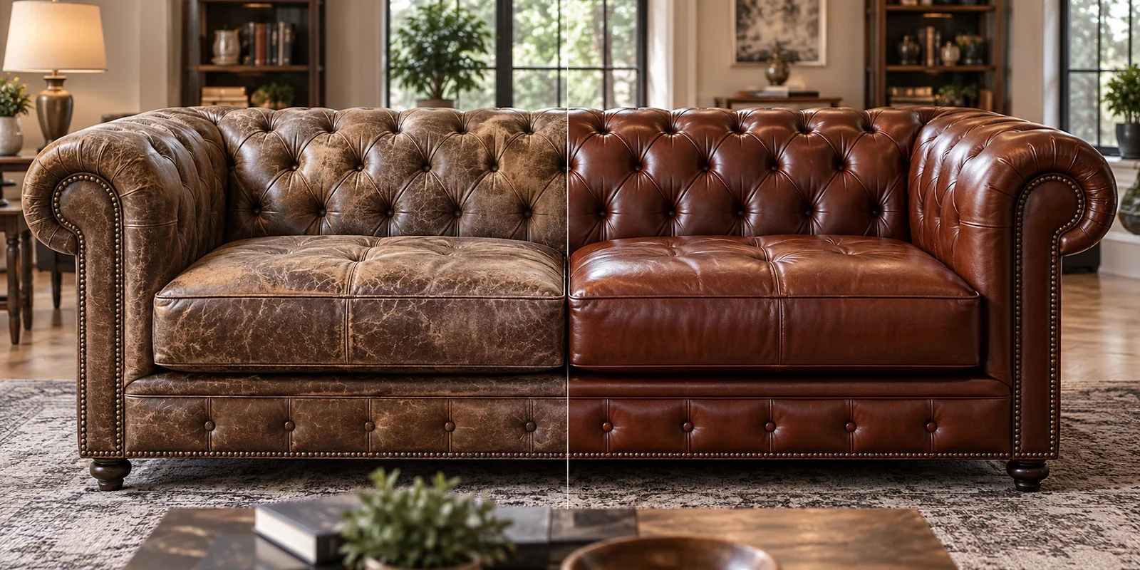 Tufted leather Chesterfield before and after color restoration to a rich chestnut
