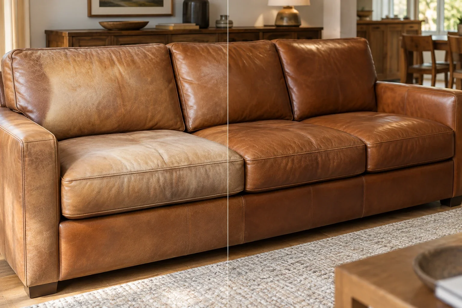 Cognac sofa before and after color restoration, the pale seat and back brought back to full cognac