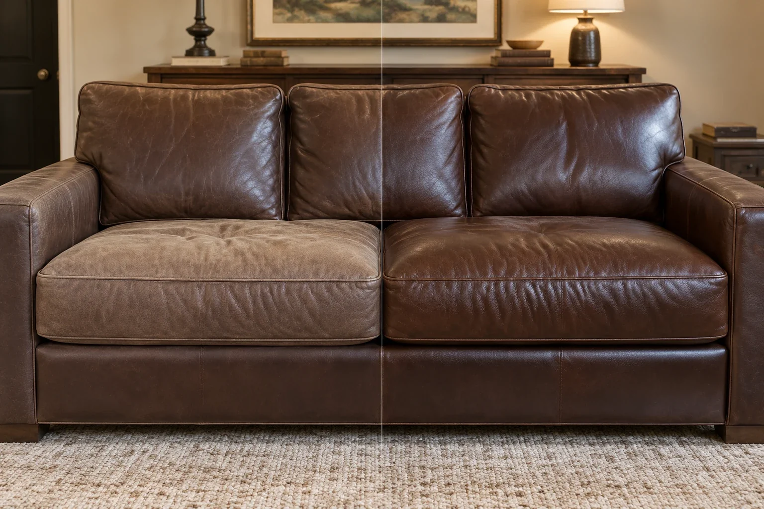 Dark brown leather sofa before and after color restoration of a faded seat cushion