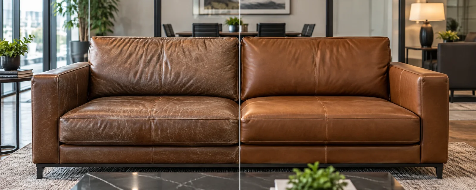 Modern brown leather sofa before and after color restoration in an office lounge