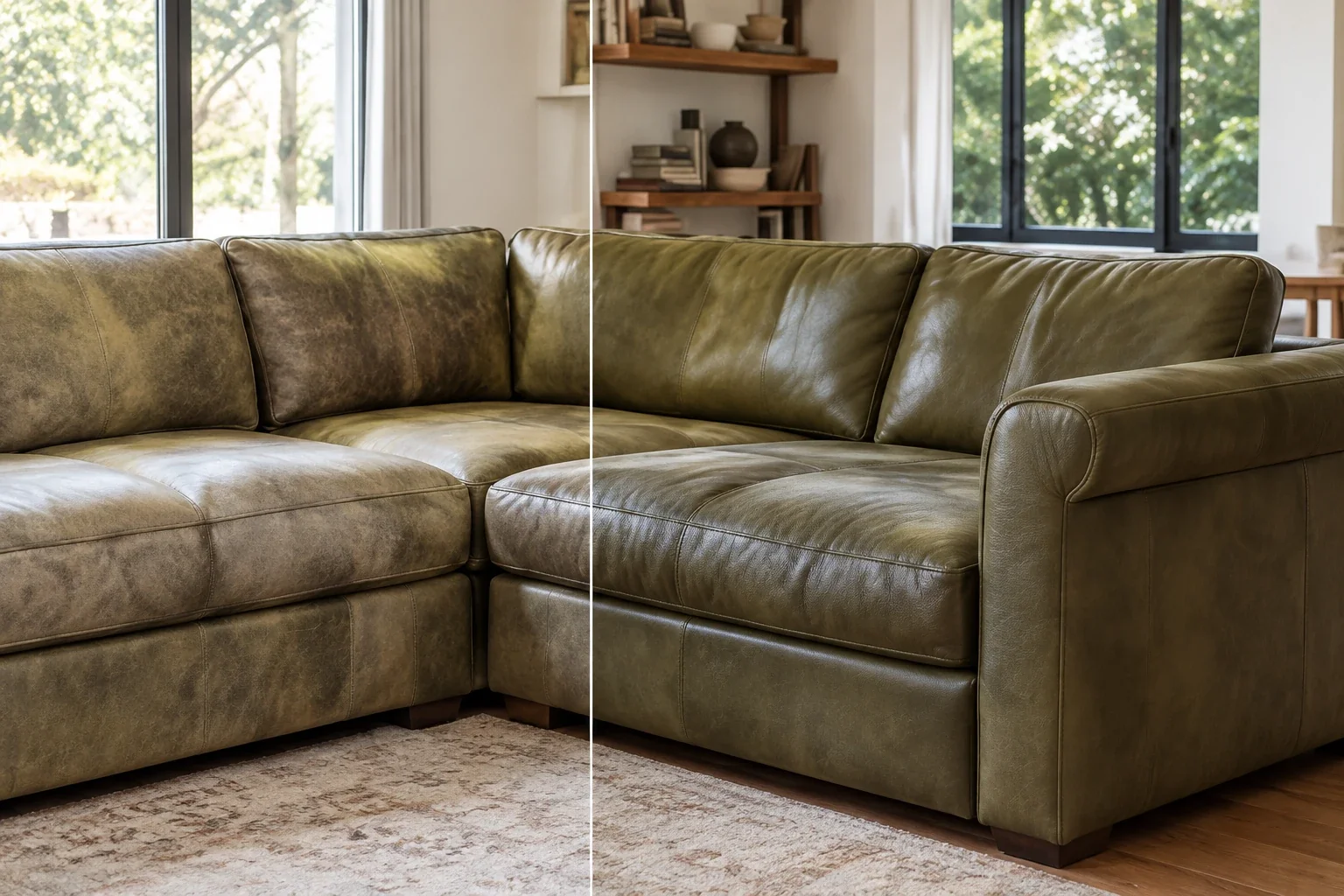 Olive leather sectional corner before and after color restoration