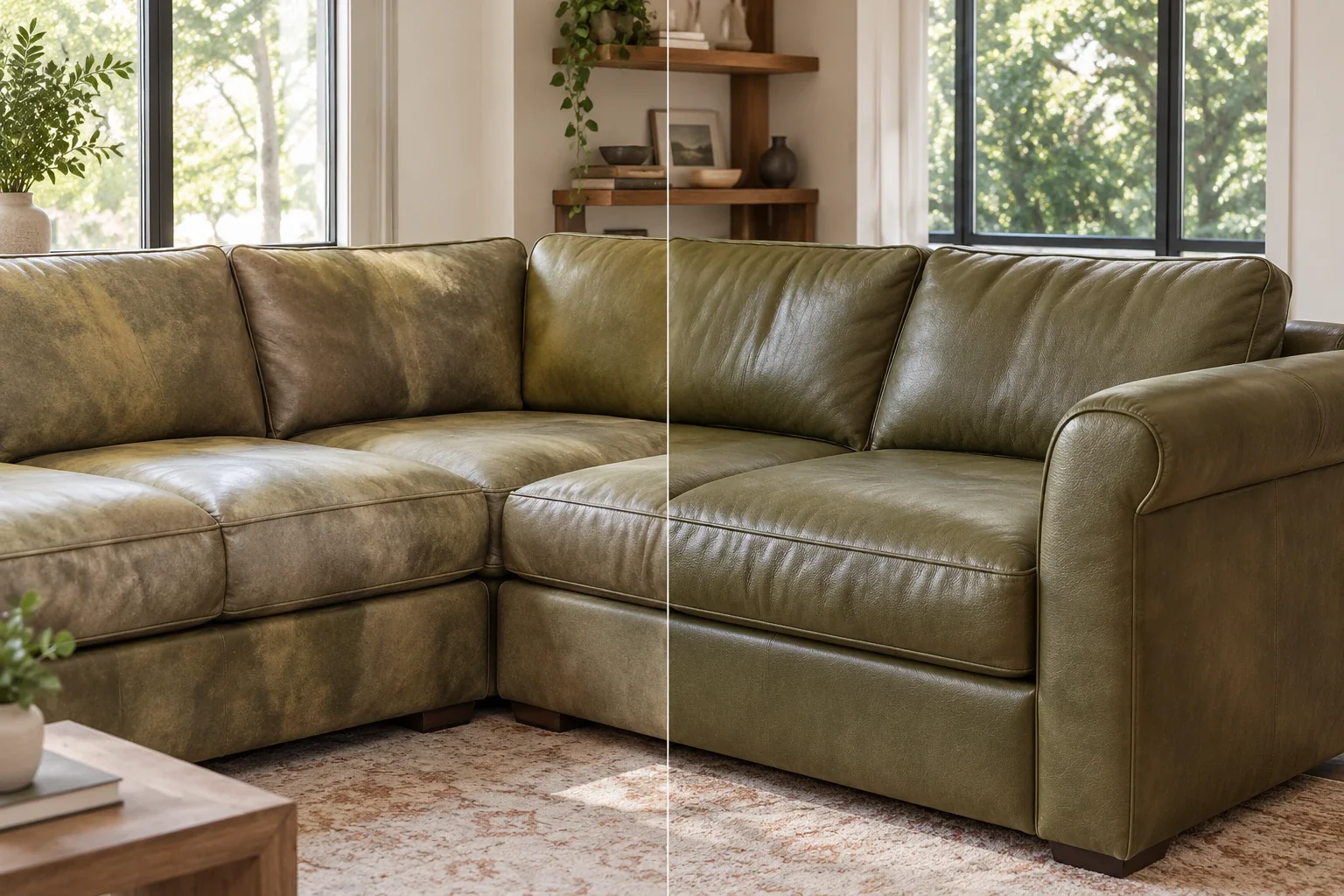 Olive leather sectional before and after color restoration across the back cushions