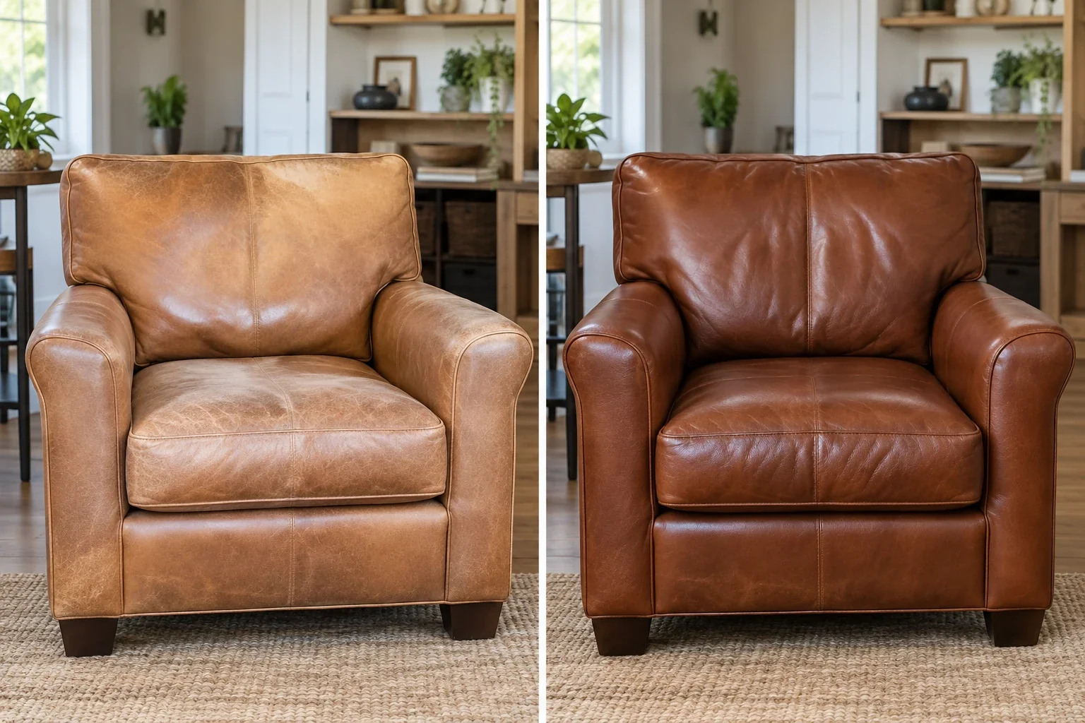 Tan leather armchair before and after color restoration to a deeper even brown
