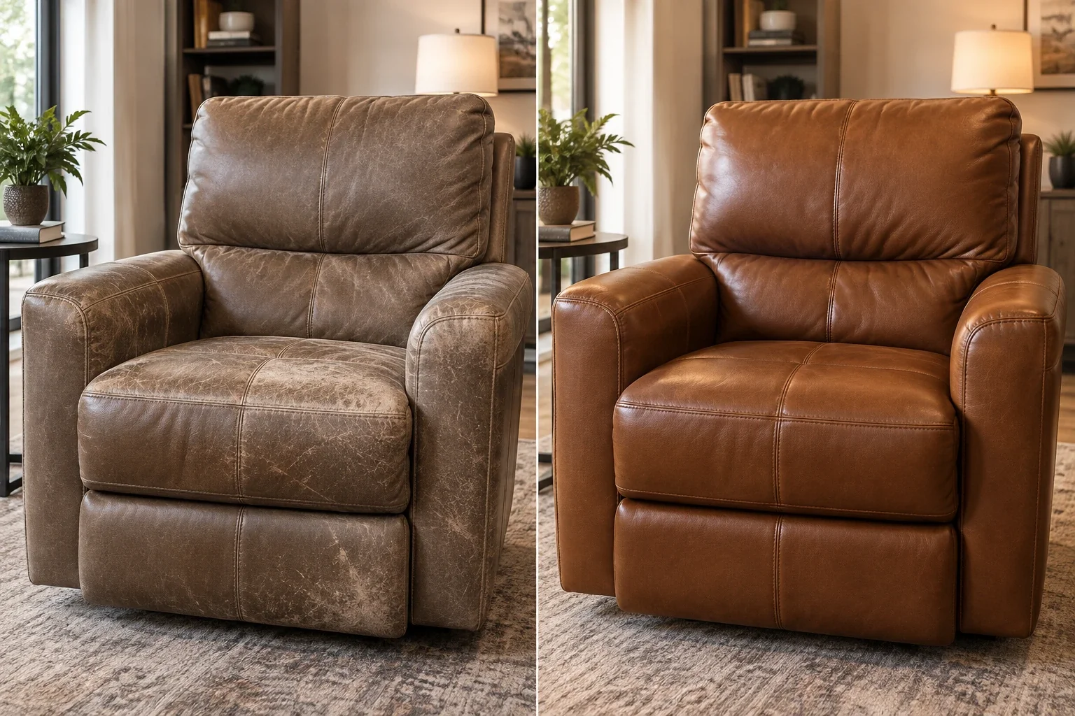 Worn taupe leather recliner before and after color restoration to a warm tan