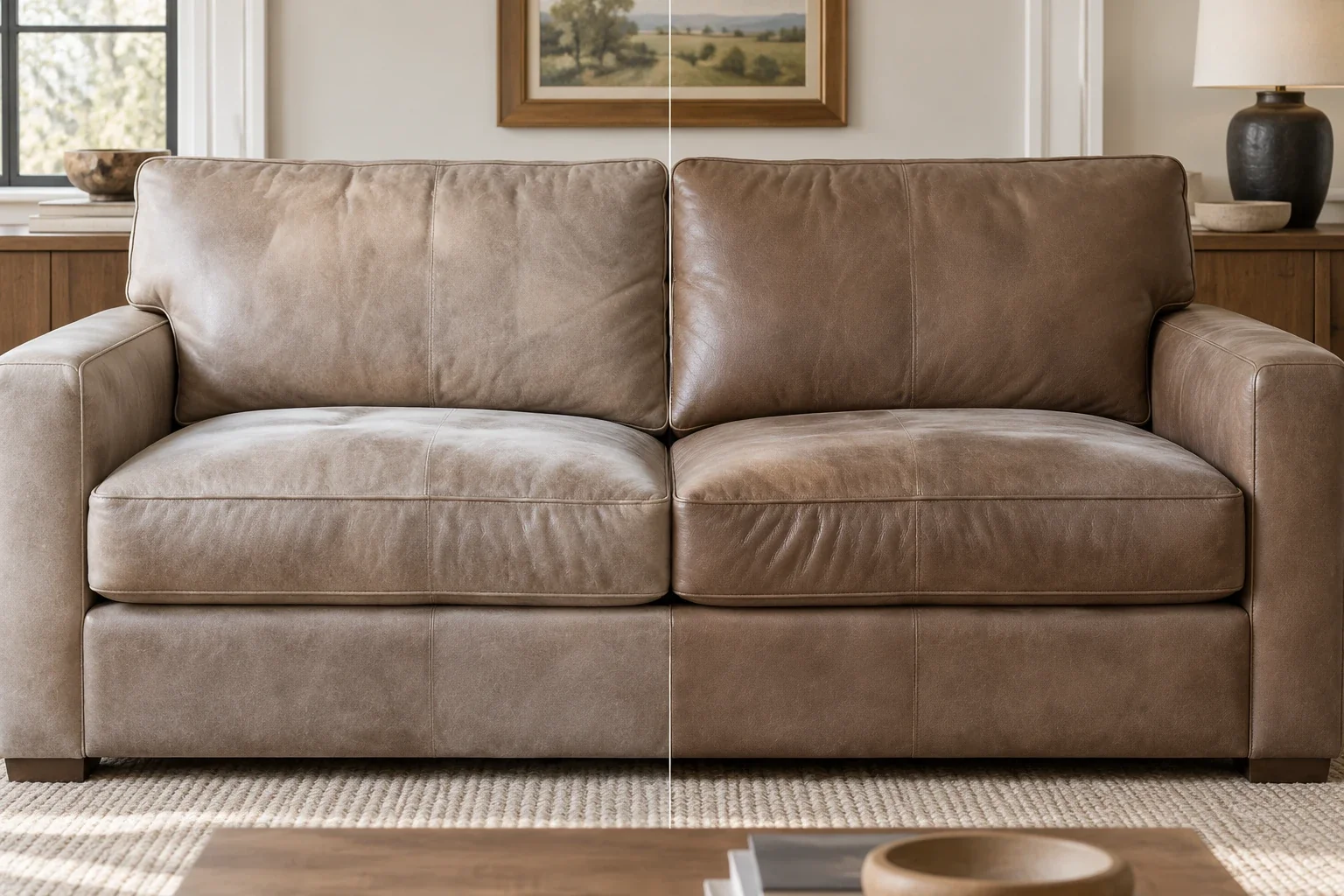 Taupe leather sofa before and after color restoration to an even warm tone