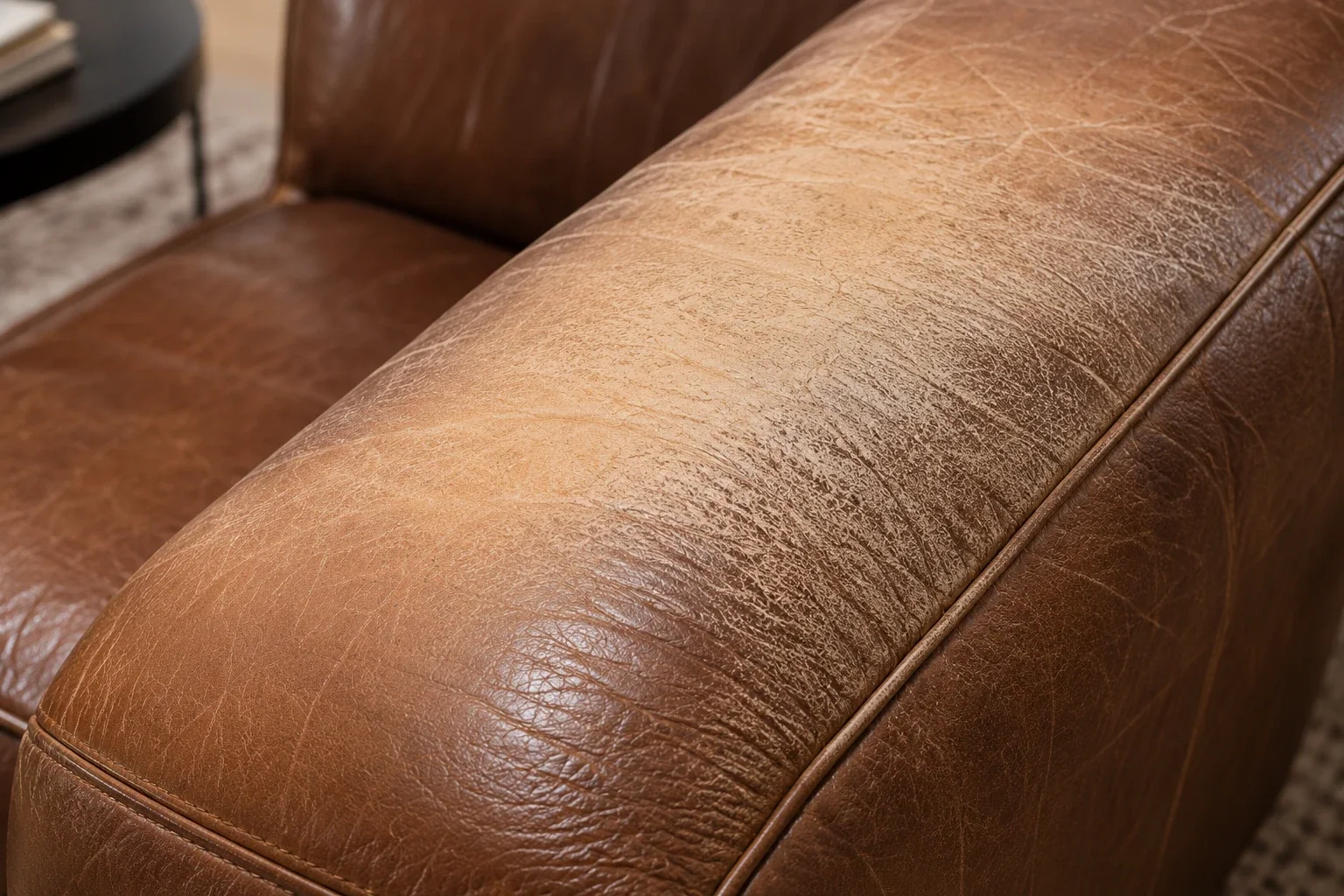 Leather sofa arm that has lost color from sunlight while the hide stays intact