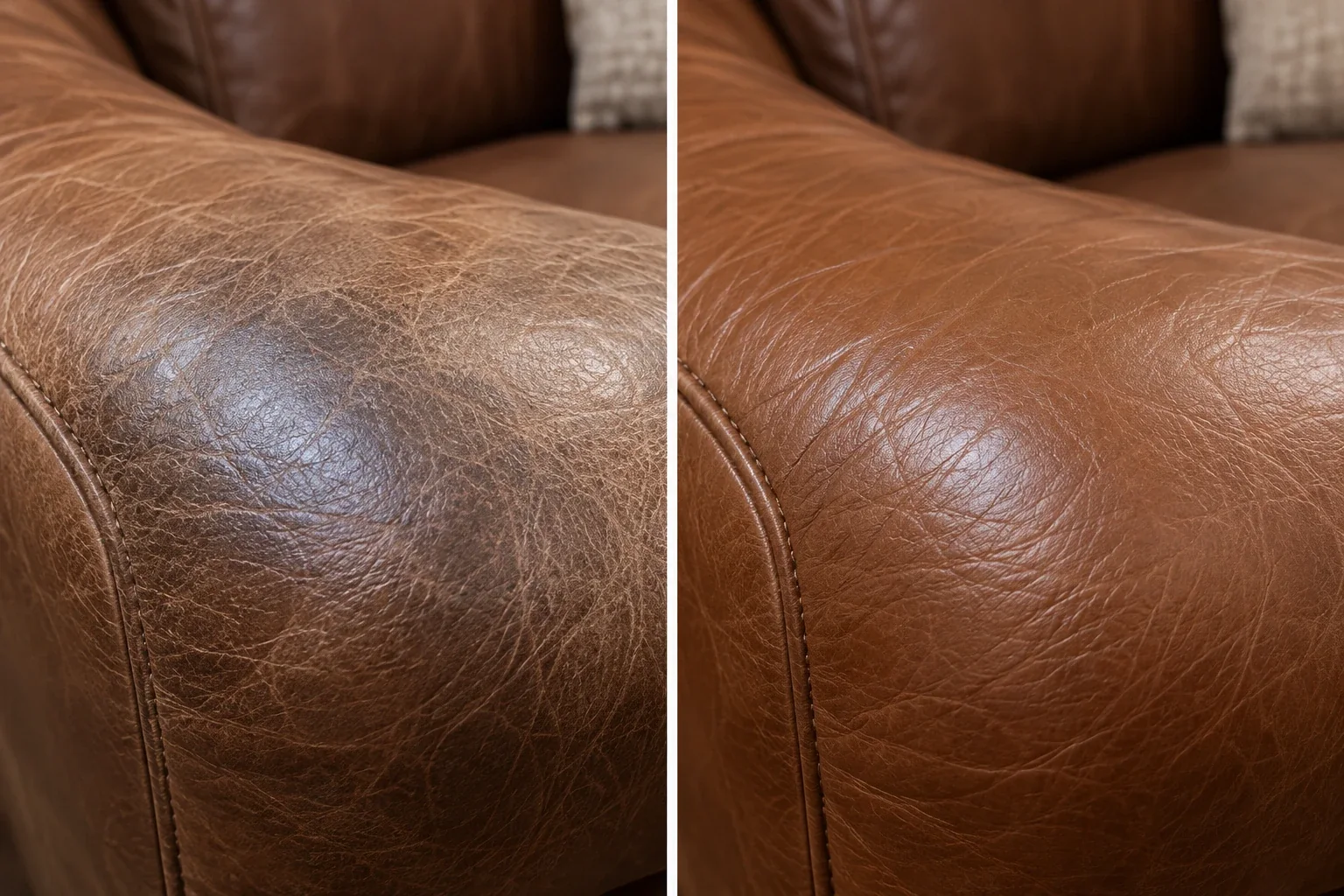 Darkened patch on a leather sofa headrest caused by body oils