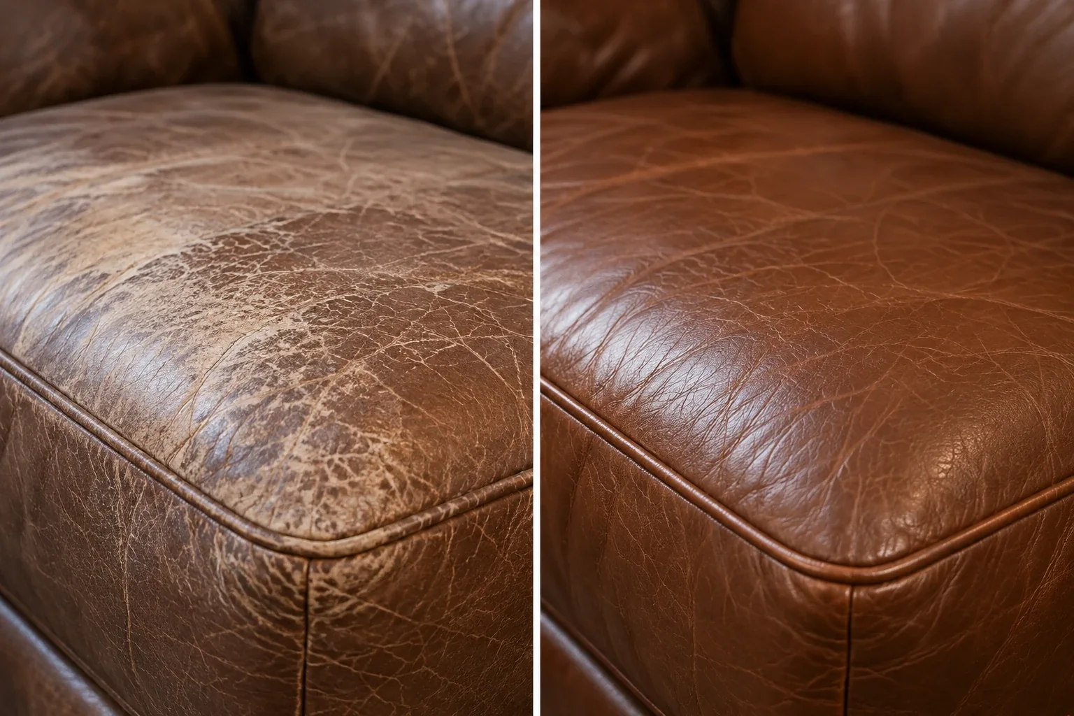 Macro view of leather that has lightened and lost depth of color