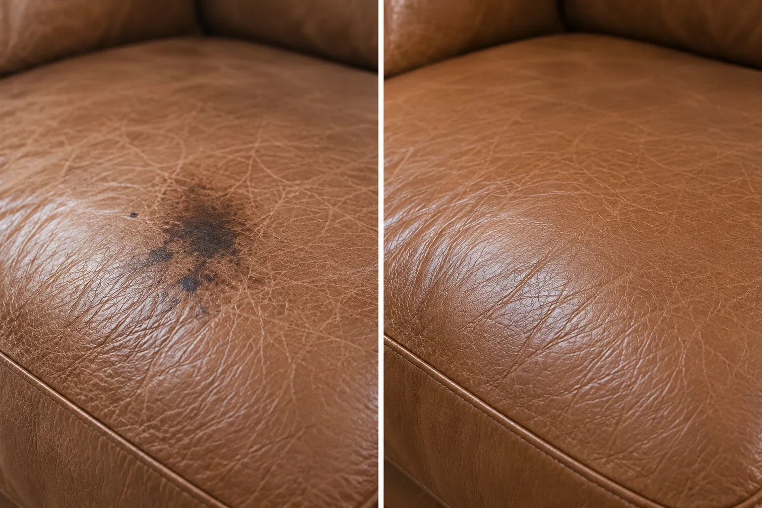 Irregular stain mark discoloring one area of a leather seat