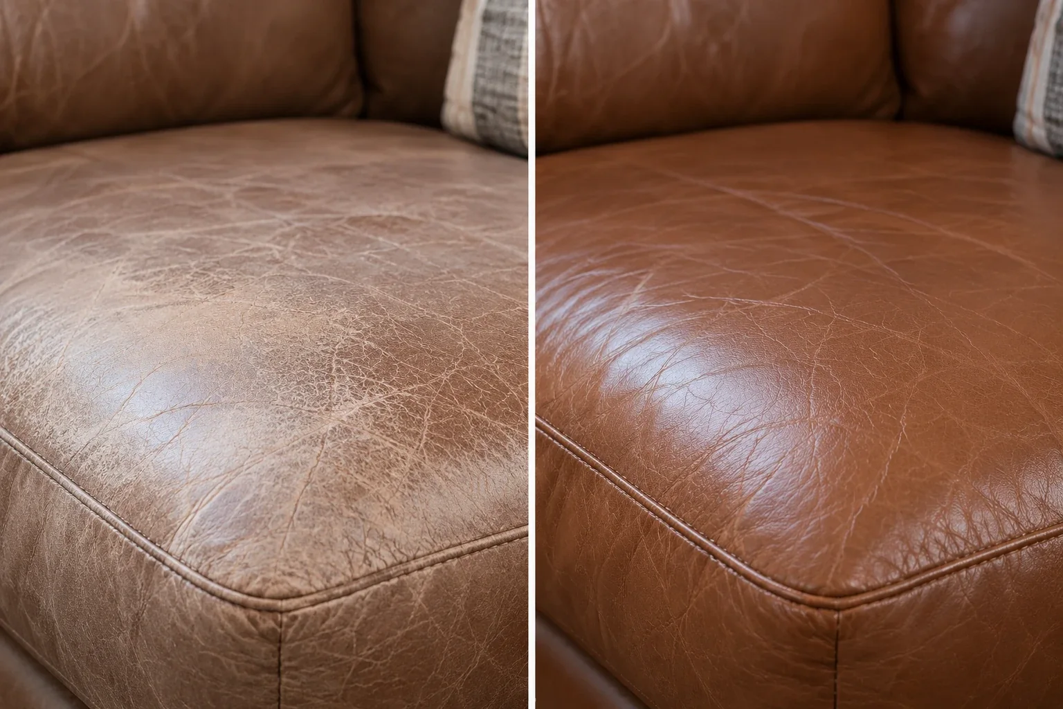 Front edge of a leather seat where friction has worn the color away
