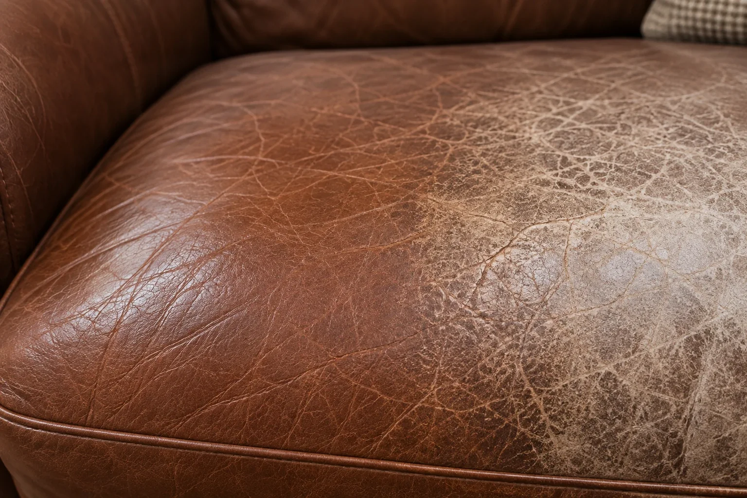 Badly faded leather whose surface has also started to break down