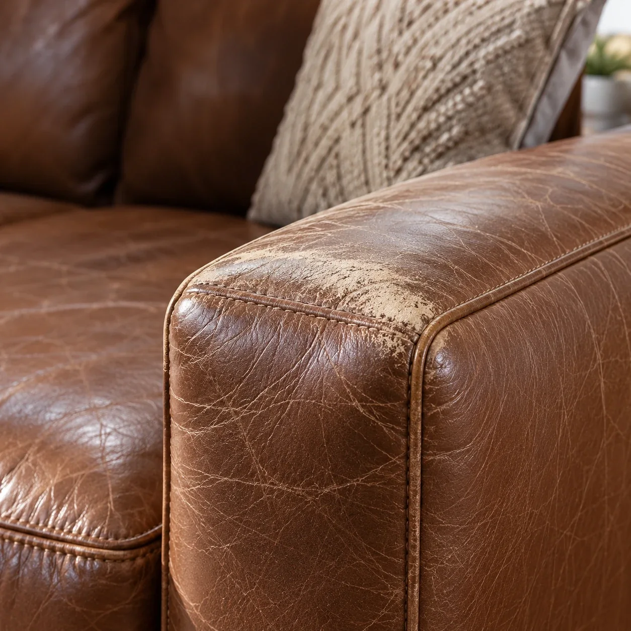 Leather sofa armrest with a pale worn top surface above a darker side panel