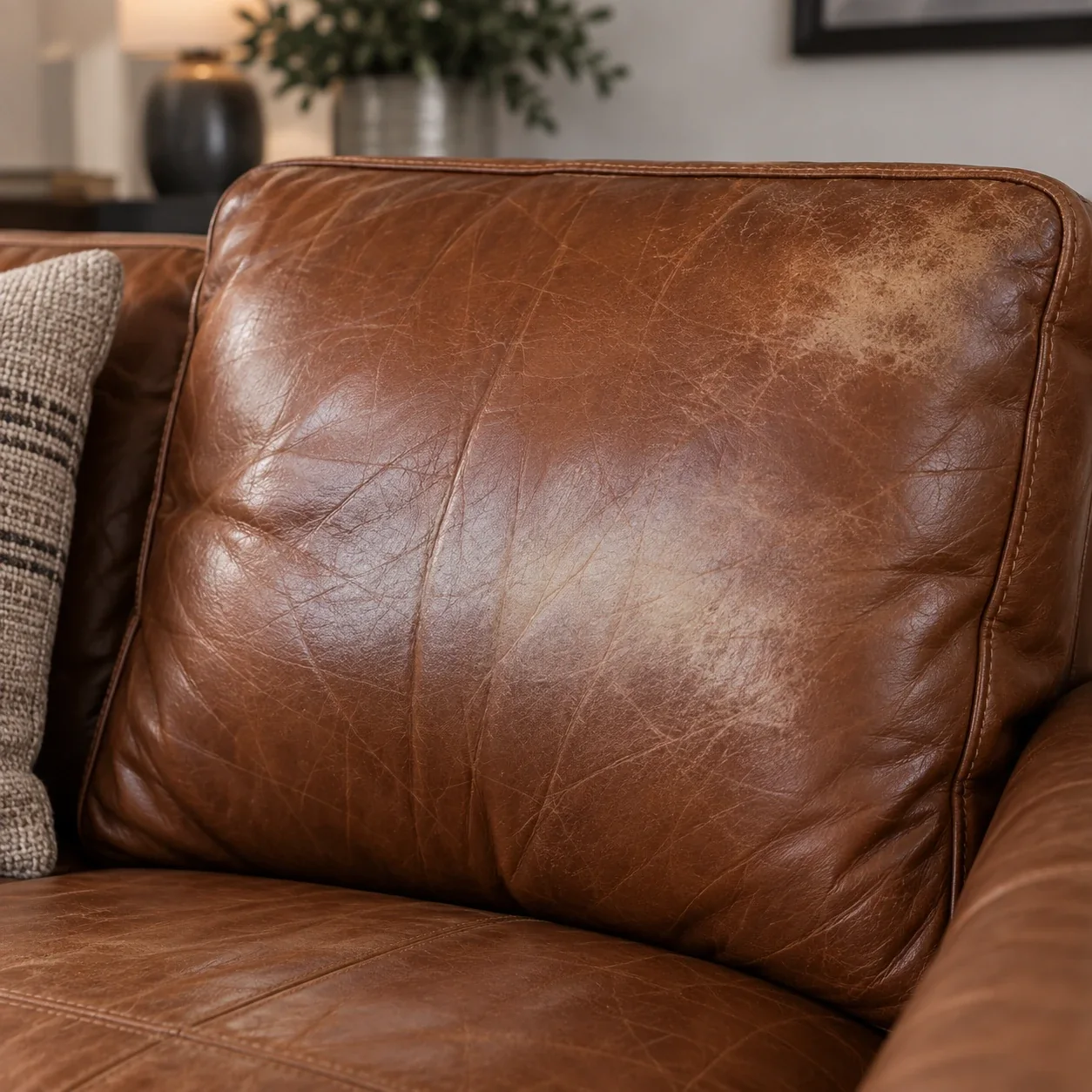 Band of lighter leather across a sofa back where heads rest against it