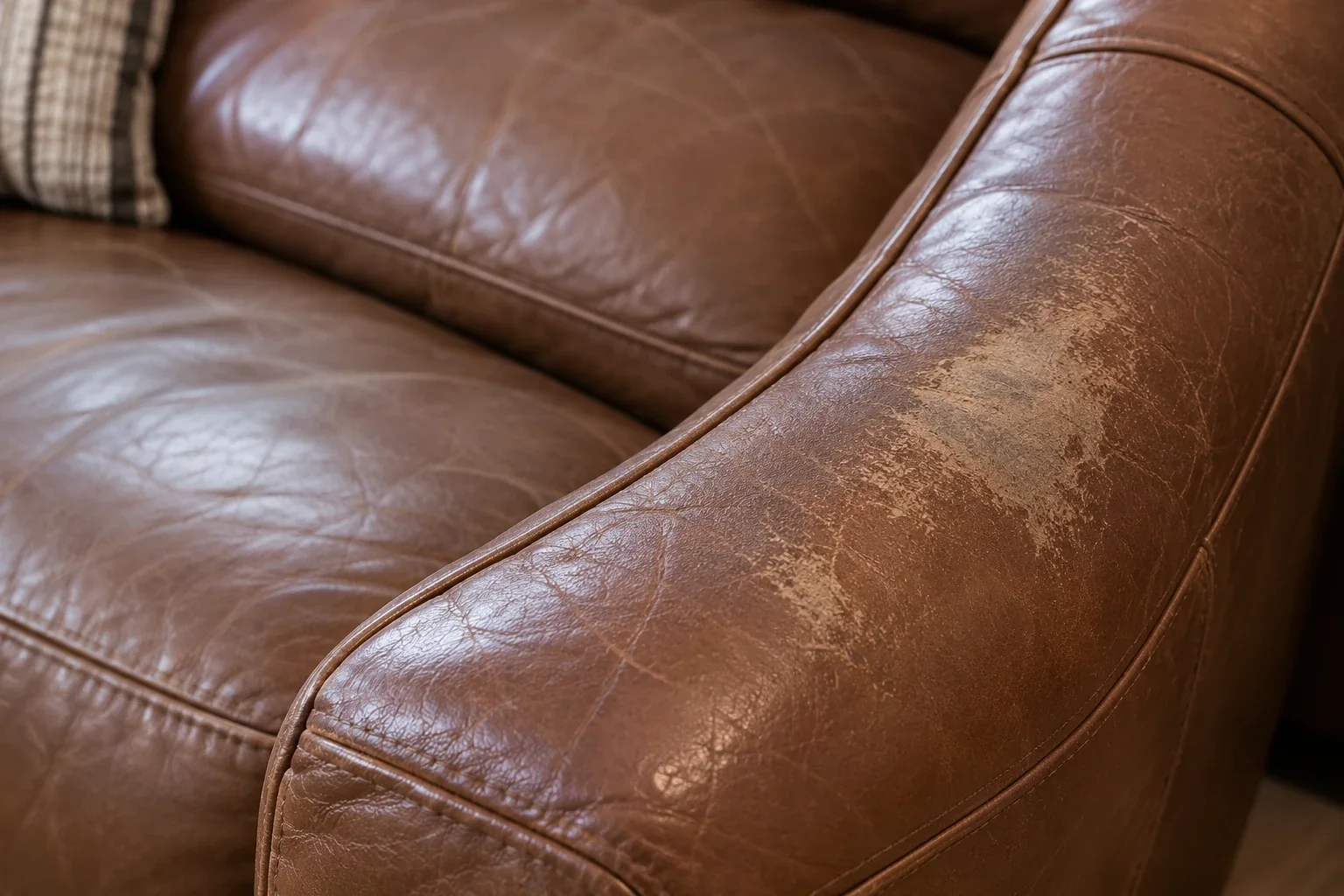Leather sofa with one concentrated area of lost color surrounded by darker leather