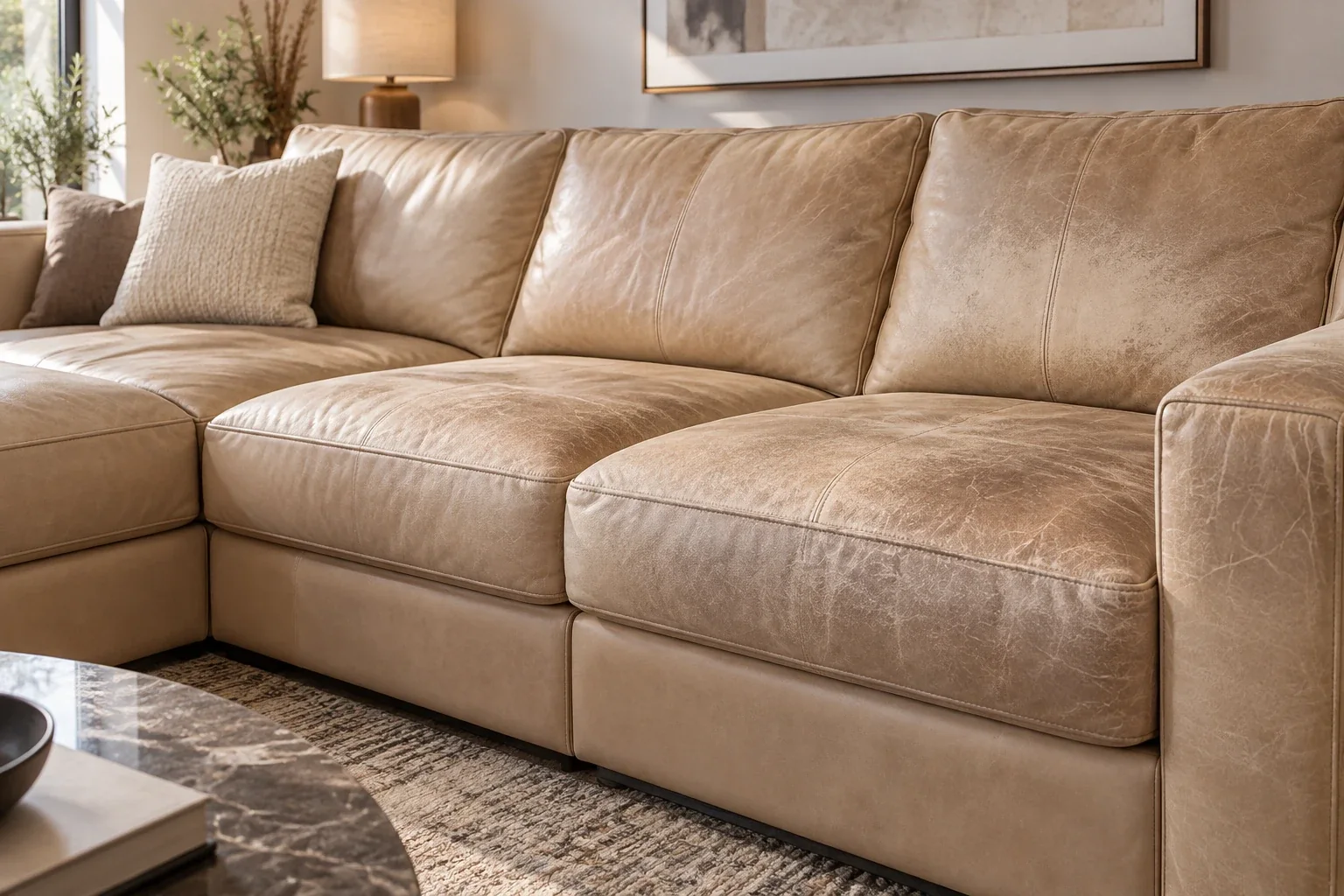 Whole leather sofa looking washed out and lighter than its original color