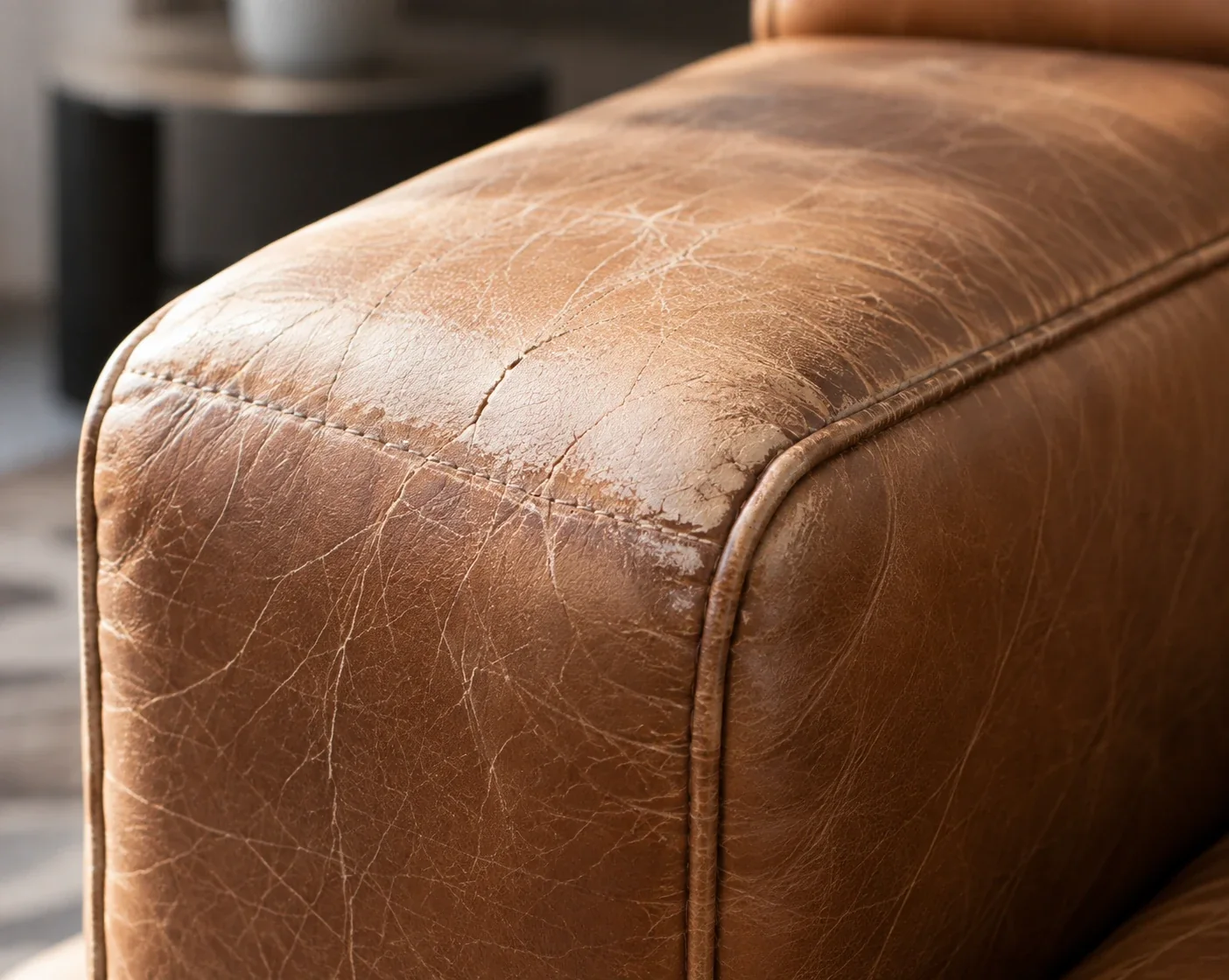 Faded leather sofa repair: the window-facing end has gone noticeably paler than the far end