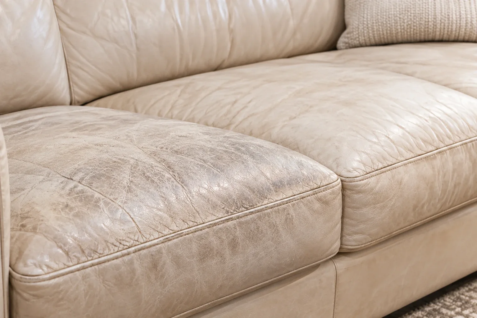 Pale washed-out leather sofa that has lifted well above its original brown