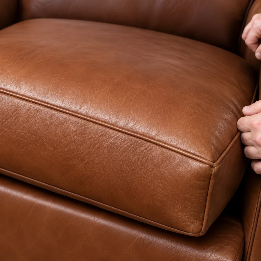 Seat cushion lifted away from a leather sofa to reach the deck beneath