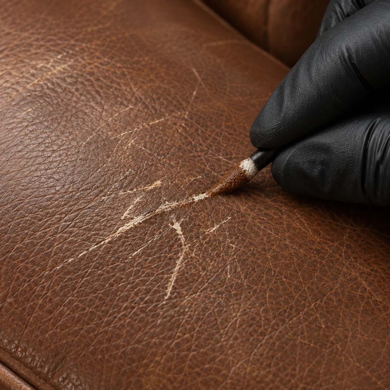 A gloved hand filling a scratch in brown leather with a small spatula