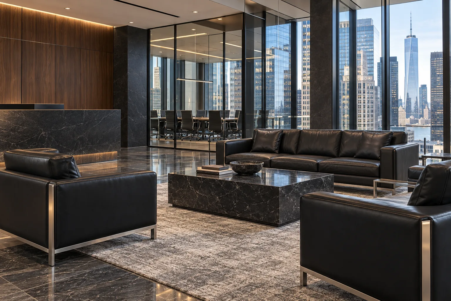 Refinished black leather lobby furniture in a Financial District office