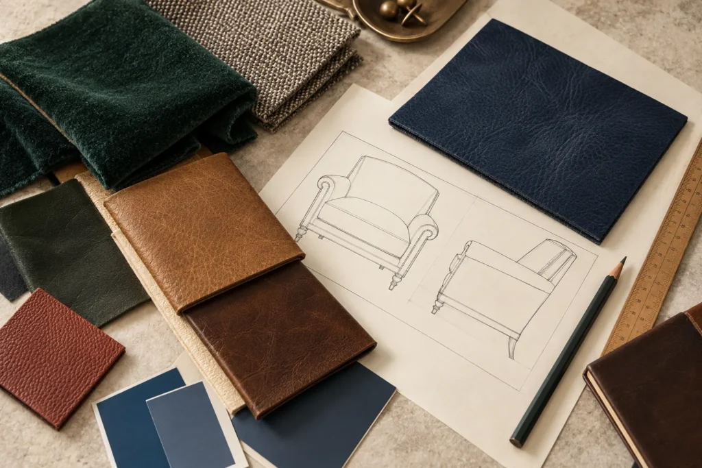 Leather and fabric samples laid out on a chair sketch for a restoration plan