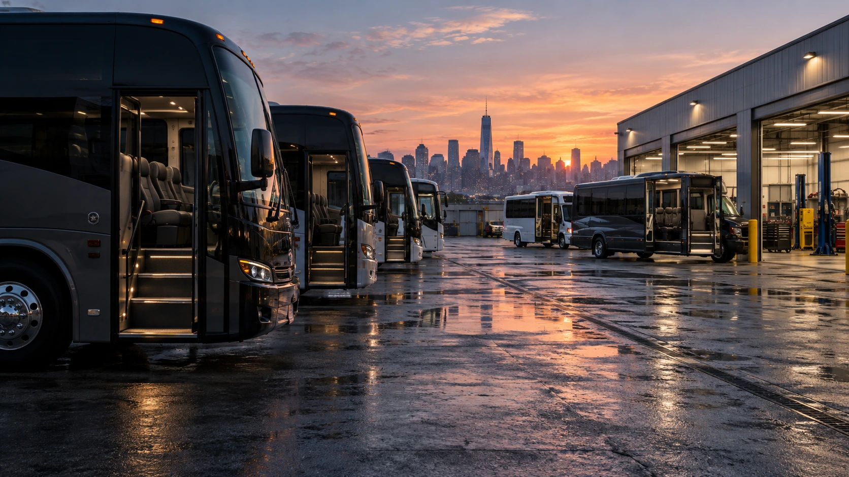 Fleet seat reupholstery in NYC: coaches and shuttles parked in a depot at first light with their doors open