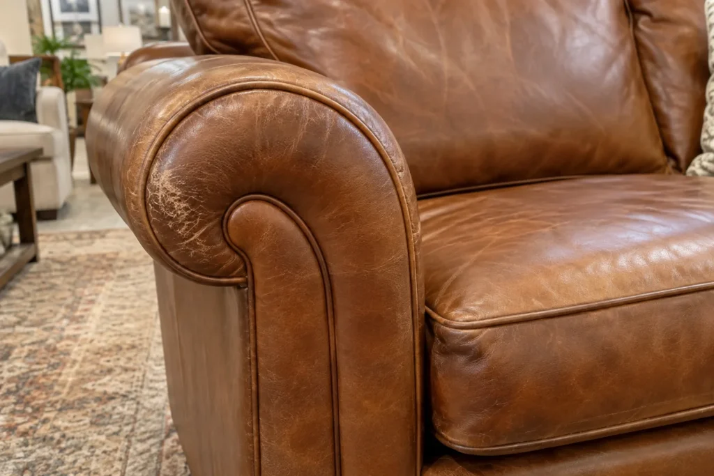 Leather sofa arm scuffed by months of test sitting