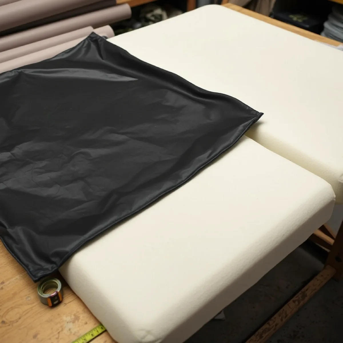 Thick pale foam bench cushion lying on a workbench beside a dark vinyl seat cover laid out flat