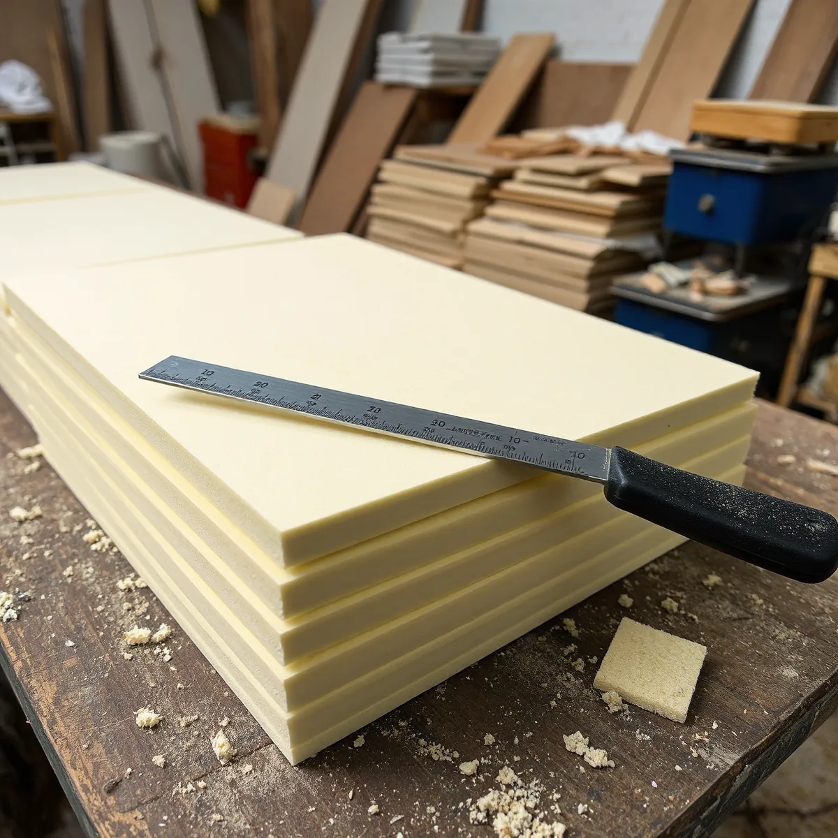 Stacked foam sheets cut into blanks on a workshop bench