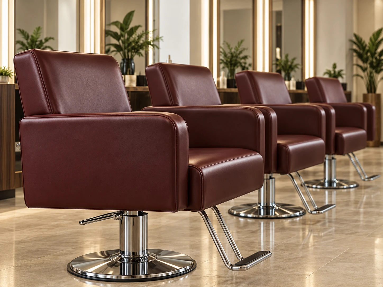 Four recovered maroon styling chairs back in position along a salon wall