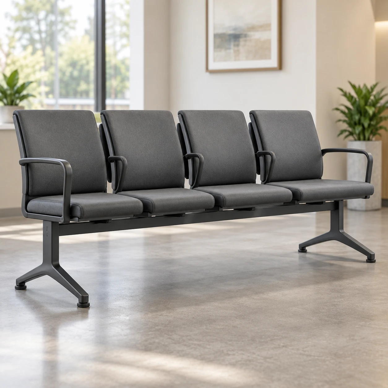 Four-seat black beam chair in a waiting room