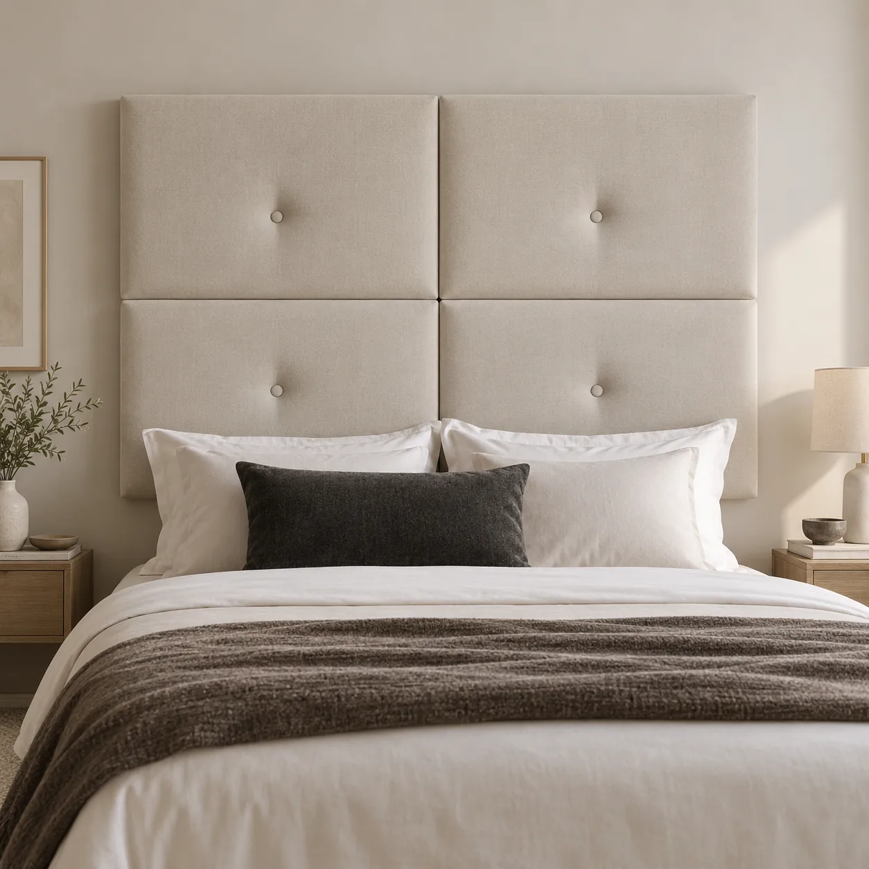 Cream headboard built as four square panels with a single button in each