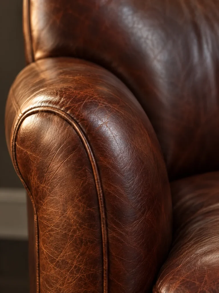Close-up of a full-grain leather club chair arm