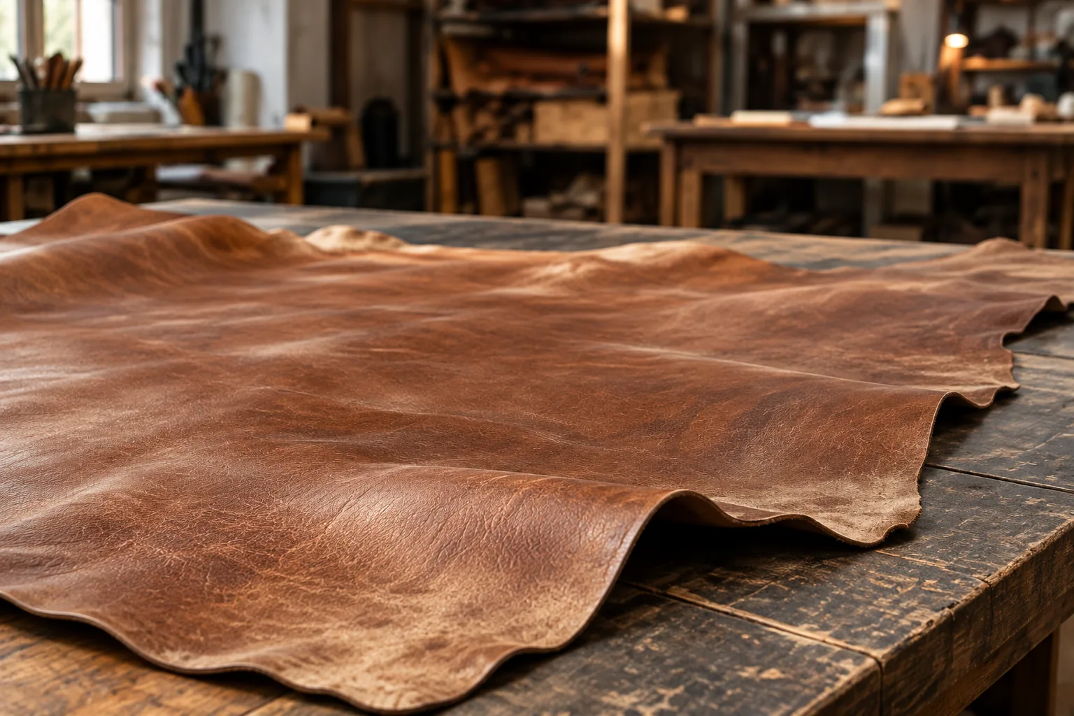 Leather hide laid flat on a bench ready for the top panel to be cut