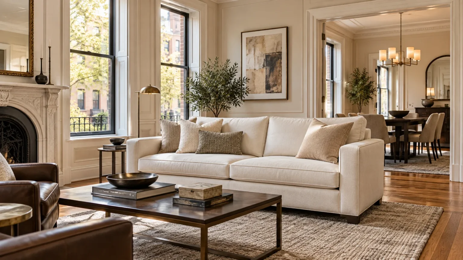 Bright staged brownstone living room with a cream sofa and leather armchairs