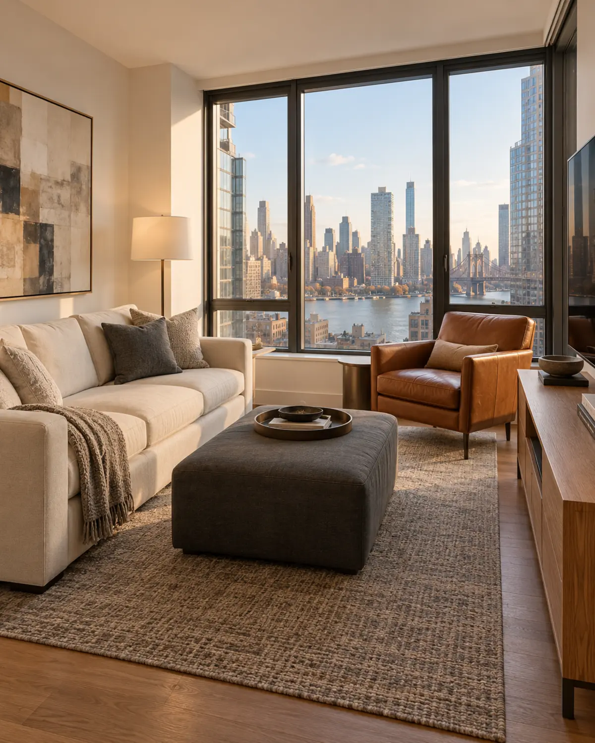 Furnished apartment living room with a city view