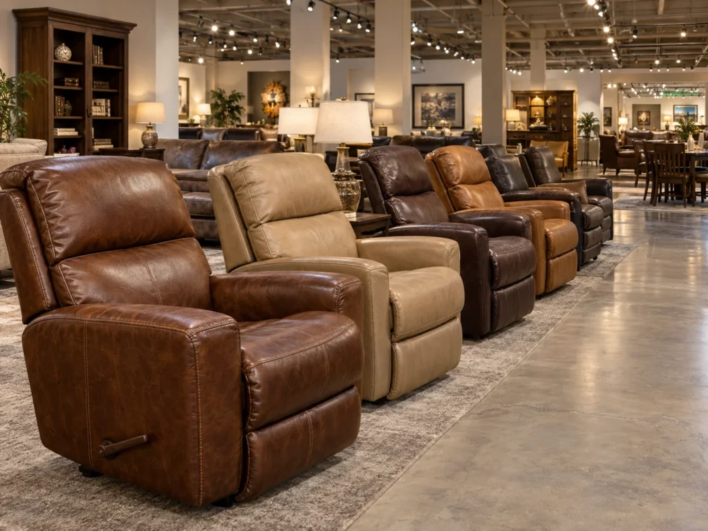 Rows of leather recliners on a chain store floor