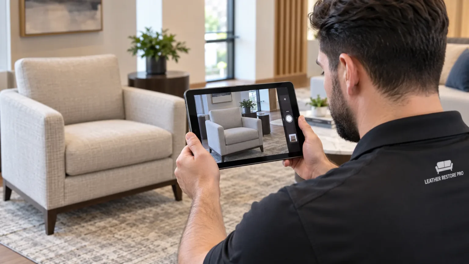 Technician photographing an armchair with a tablet during a condition check