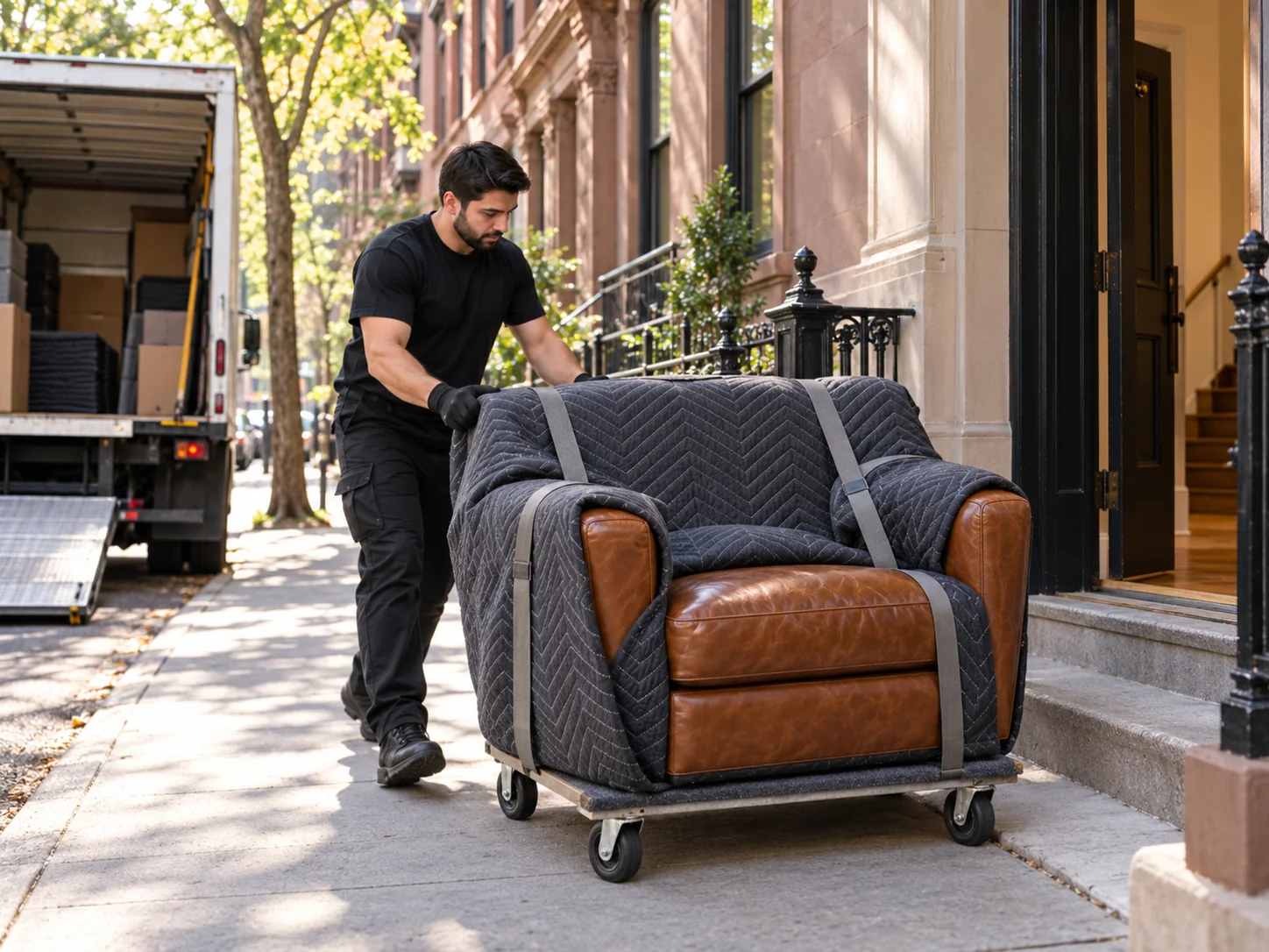 A delivery worker moving a padded leather chair on a dolly