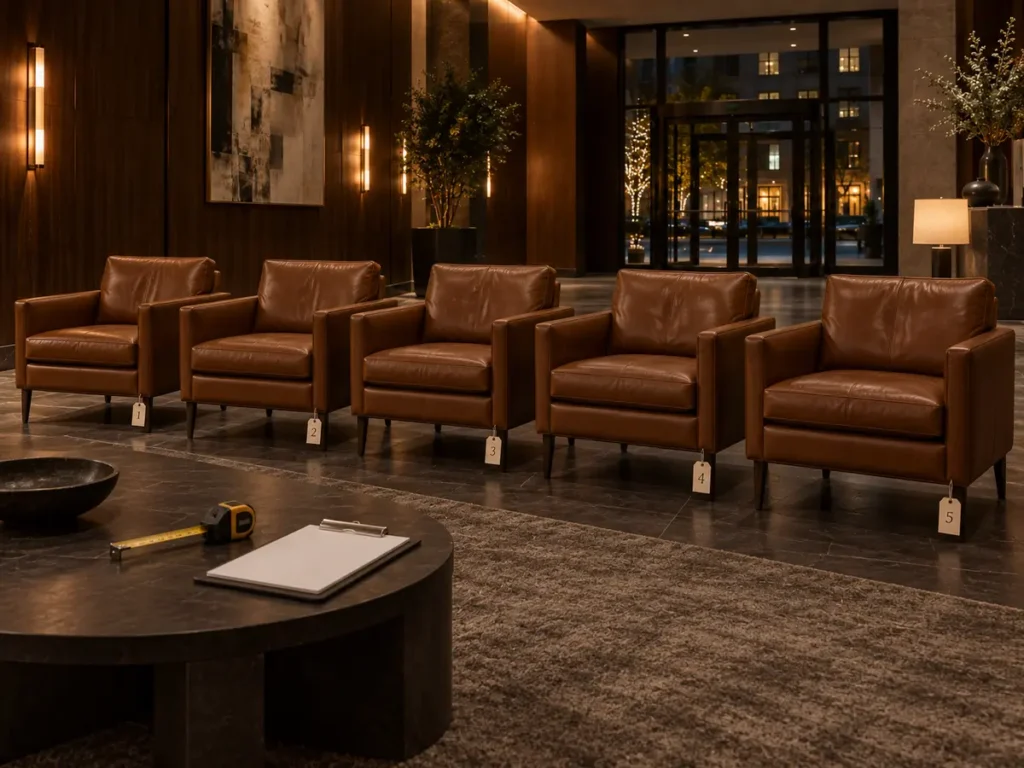 Row of lobby armchairs tagged during a condition walk-through