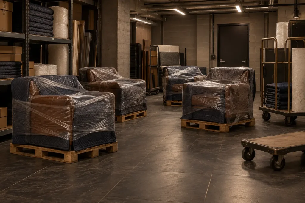 Wrapped armchairs on pallets in a furniture storage room between installs