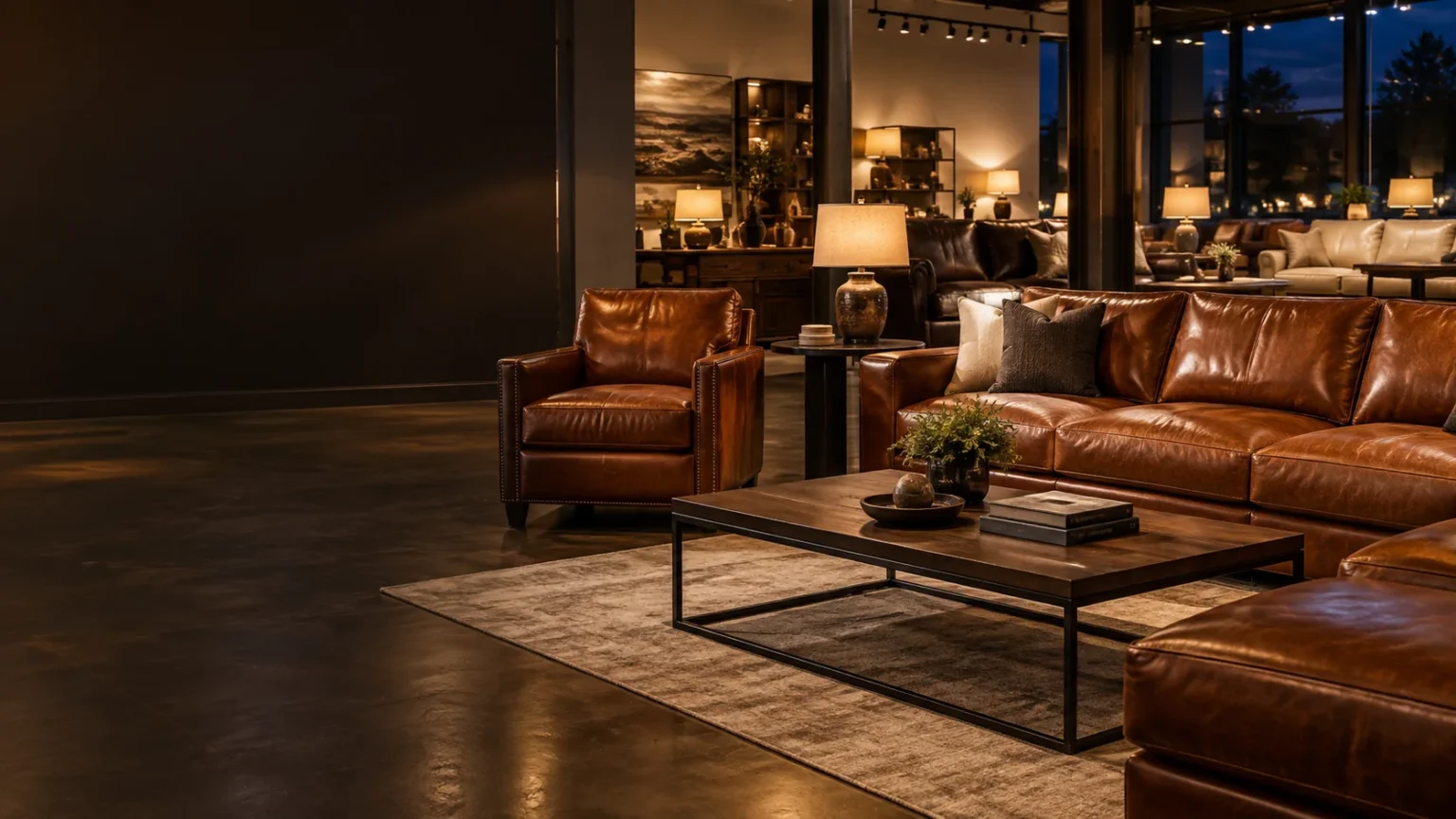 Leather sofas and armchairs on a furniture showroom floor in the evening